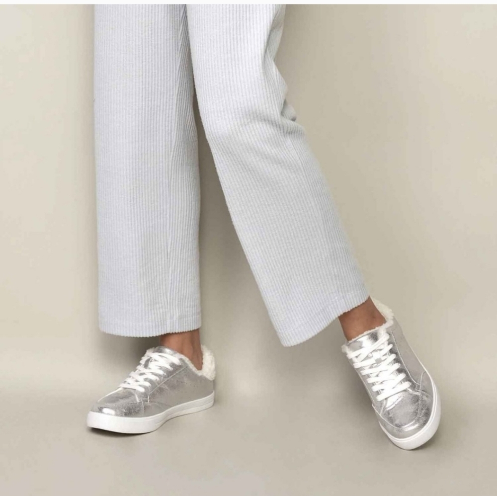 Silver Metallic Distressed Sneakers with Faux Fur Lining 10